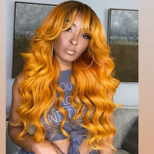 Long Orange Body Wave Brazilian Wig With Bangs