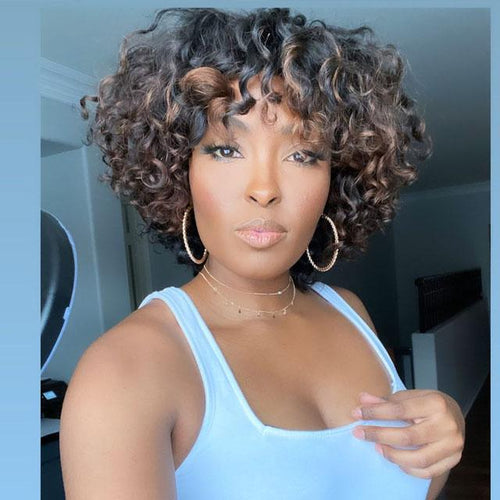 Short Curly Brown Brazilian Wig With Bangs